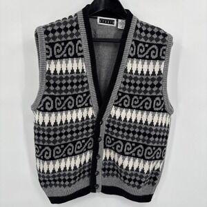 Vintage Studio Men's Vest Button Close Gray Black Size L Geometric Grandpa